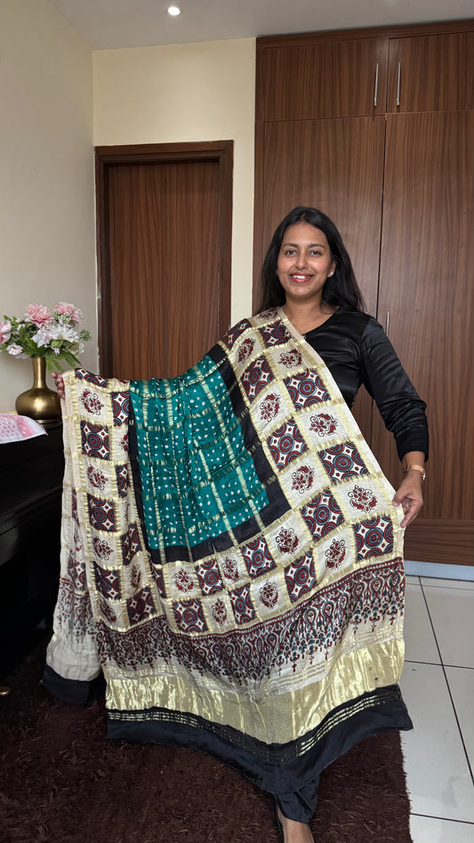Rama Green Gharchola Modal Silk Bandhani Ajrakh Dupatta with Lagdi Patti