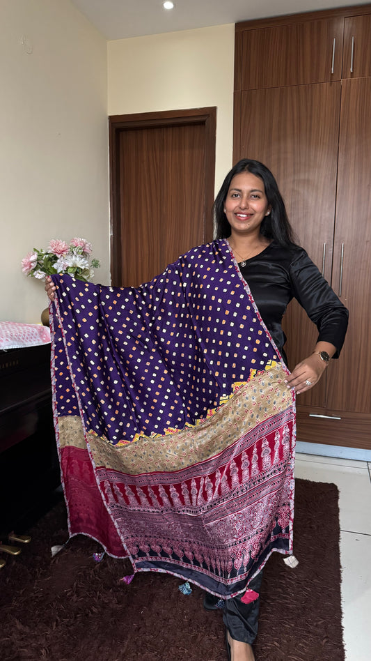 Purple Bandhej Print Ajrakh Applique Patchwork Modal Silk Dupatta with Tassels
