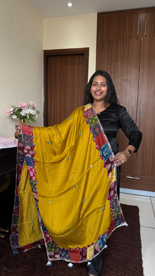Mustard Modal Silk Ajrakh Patchwork Dupatta with Tassels and Mirror Work