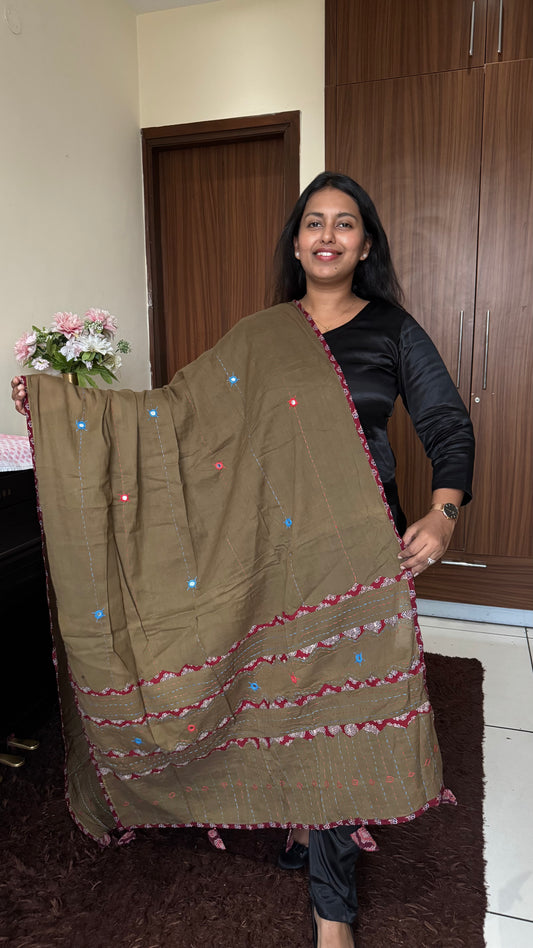 Mitti Shade Ajrakh Applique Patchwork Cotton Dupatta with Mirror Work