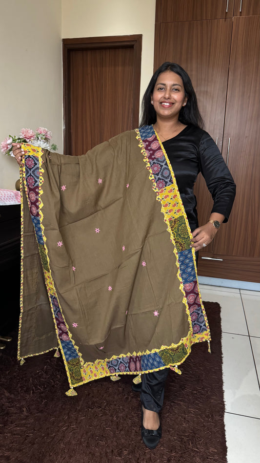 Brown Shade Ajrakh Applique Patchwork Border Cotton Dupatta with Mirror Work