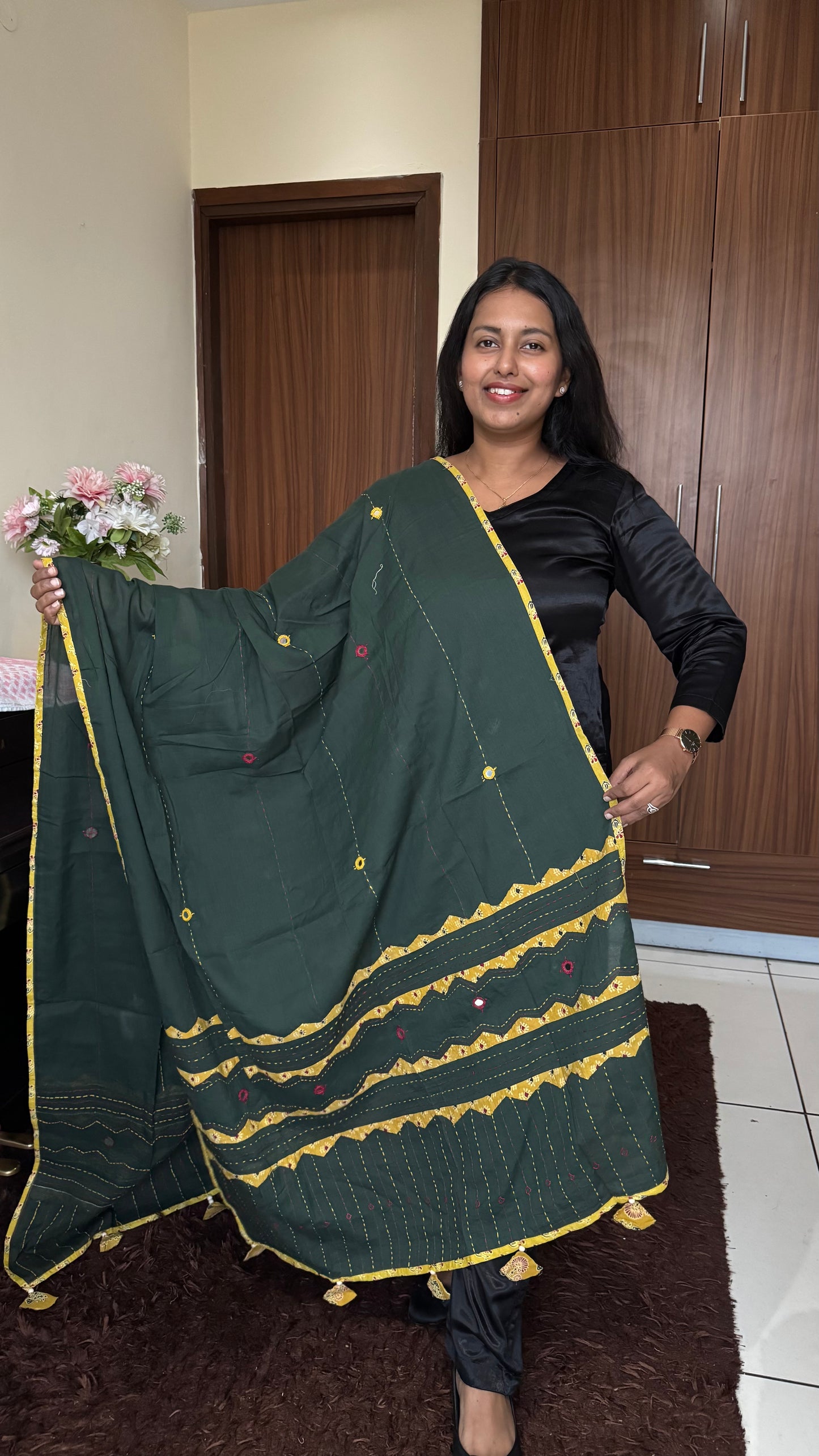 Green and Yellow Ajrakh Applique Patchwork Cotton Dupatta with Mirror Work