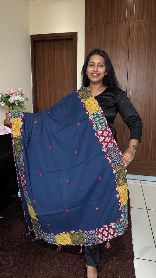 Navy Blue Ajrakh Applique Patchwork Border Cotton Dupatta with Mirror Work
