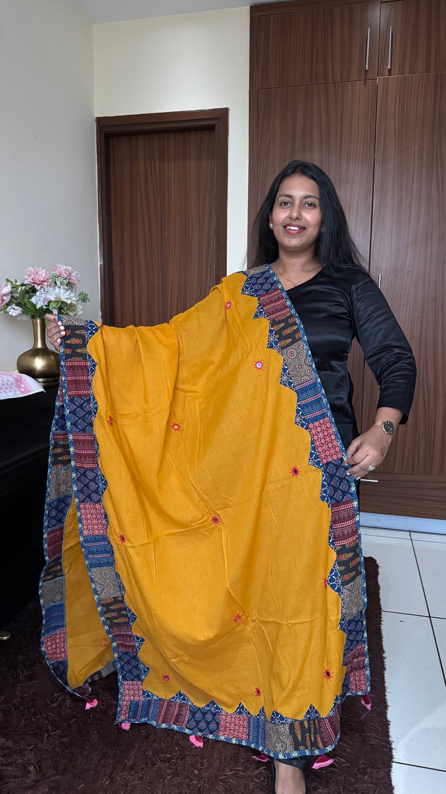 Mustard Yellow Ajrakh Applique Patchwork Border Cotton Dupatta with Mirror Work