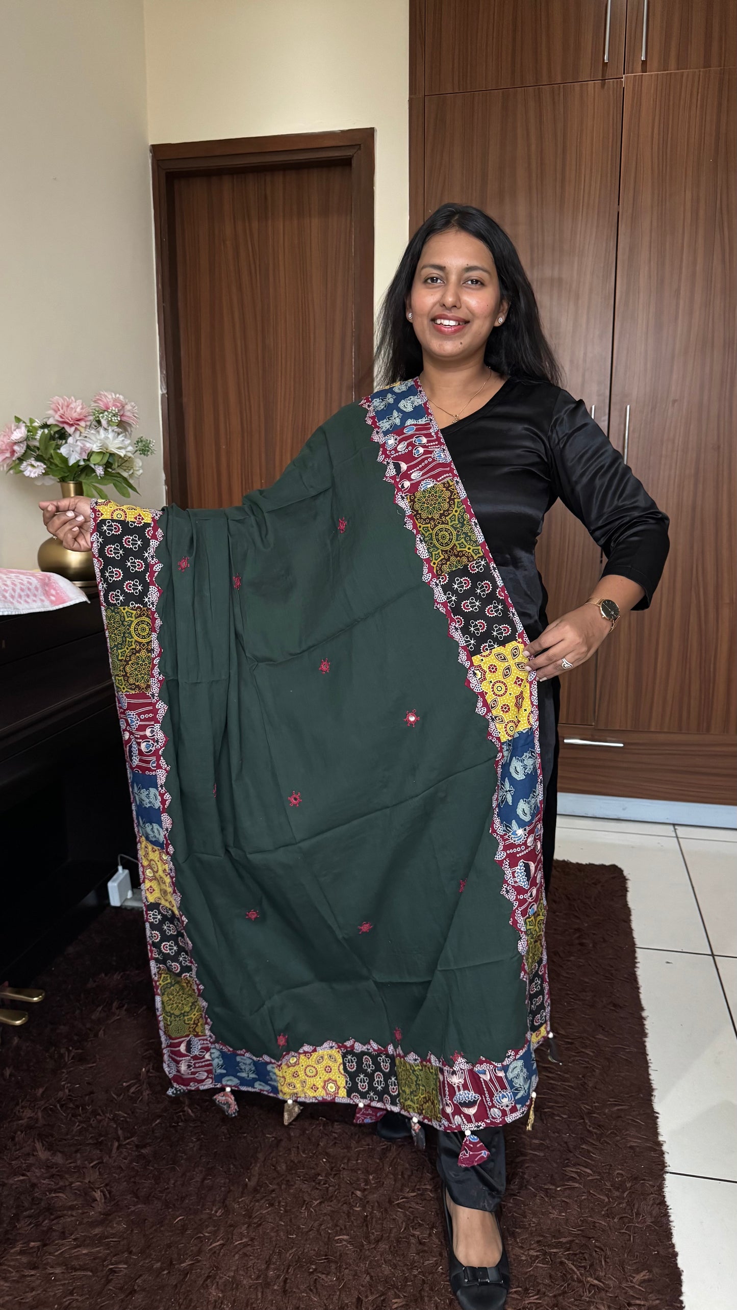 Bottle Green Ajrakh Applique Patchwork Border Cotton Dupatta with Mirror Work