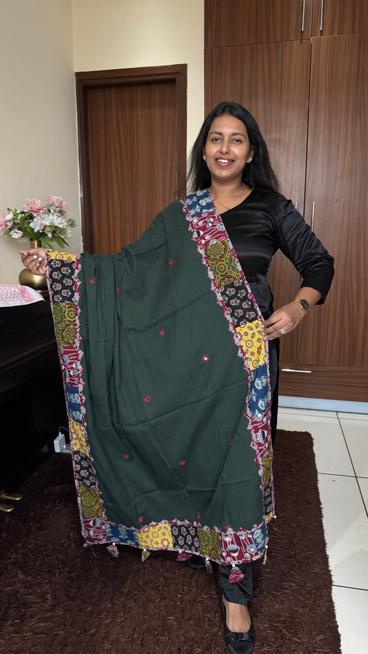 Bottle Green Ajrakh Applique Patchwork Border Cotton Dupatta with Mirror Work