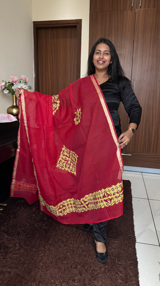Red Kota Doria Dupatta with Mustard Ajrakh Applique Patchwork