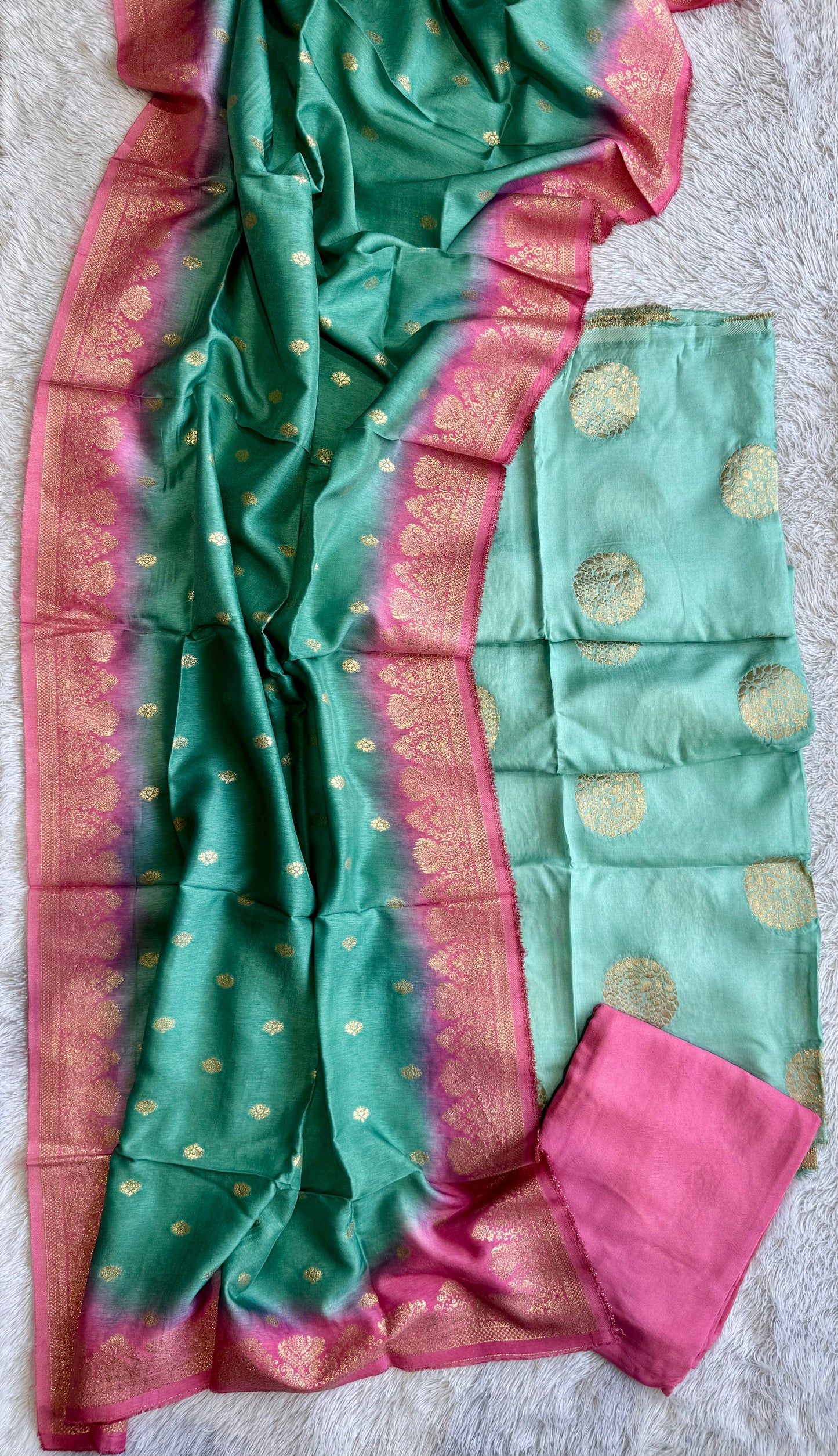 Cyan Green Dual Shade Kurta & Dupatta Dola Silk Suit with Zari Weave -3 Pc