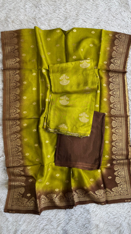 Olive Green Dual Shade Kurta & Dupatta Dola Silk Suit with Zari Weave -3 Pc