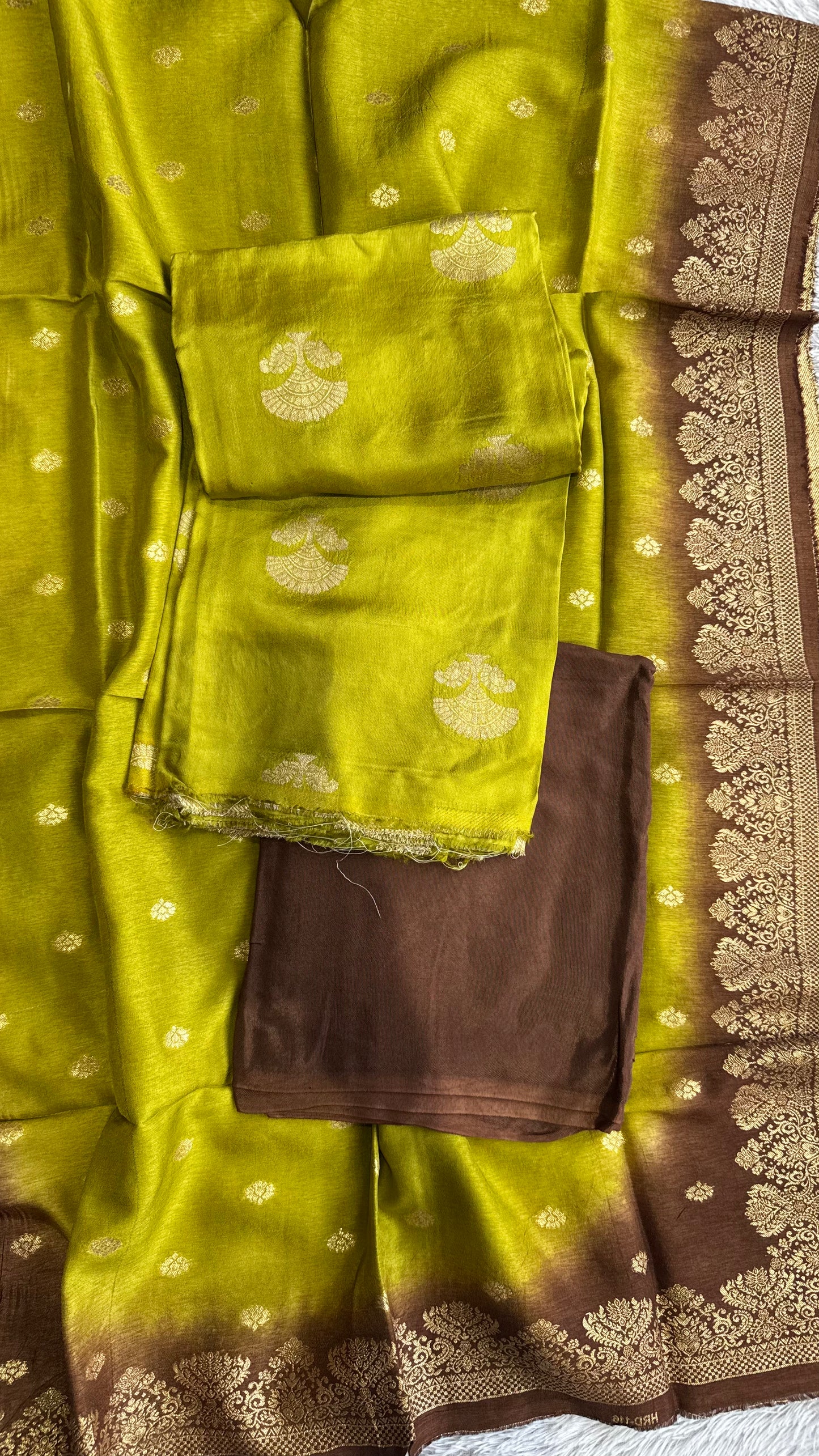 Olive Green Dual Shade Kurta & Dupatta Dola Silk Suit with Zari Weave -3 Pc
