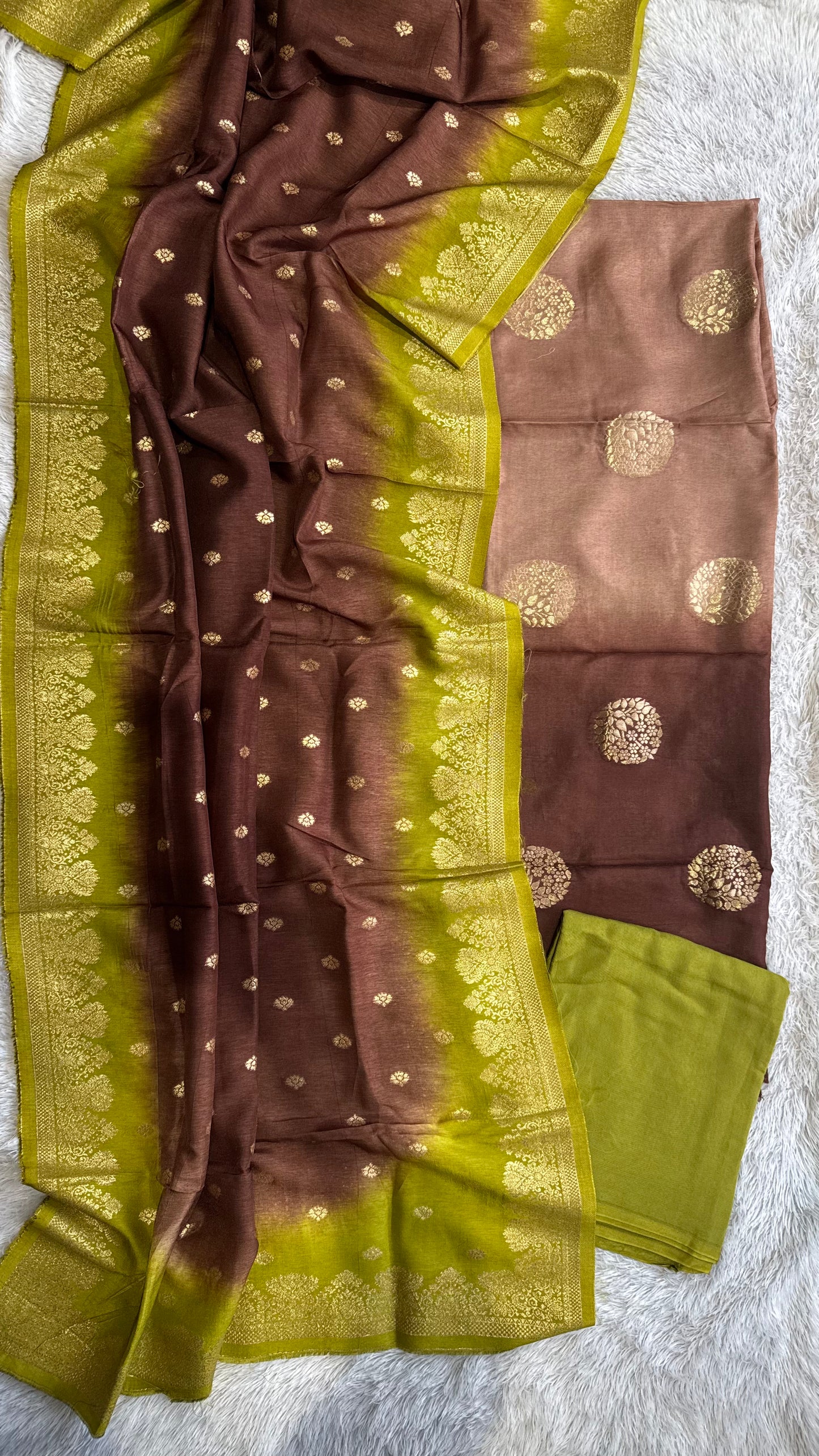 Olive Green Dual Shade Kurta & Dupatta Dola Silk Suit with Zari Weave -3 Pc