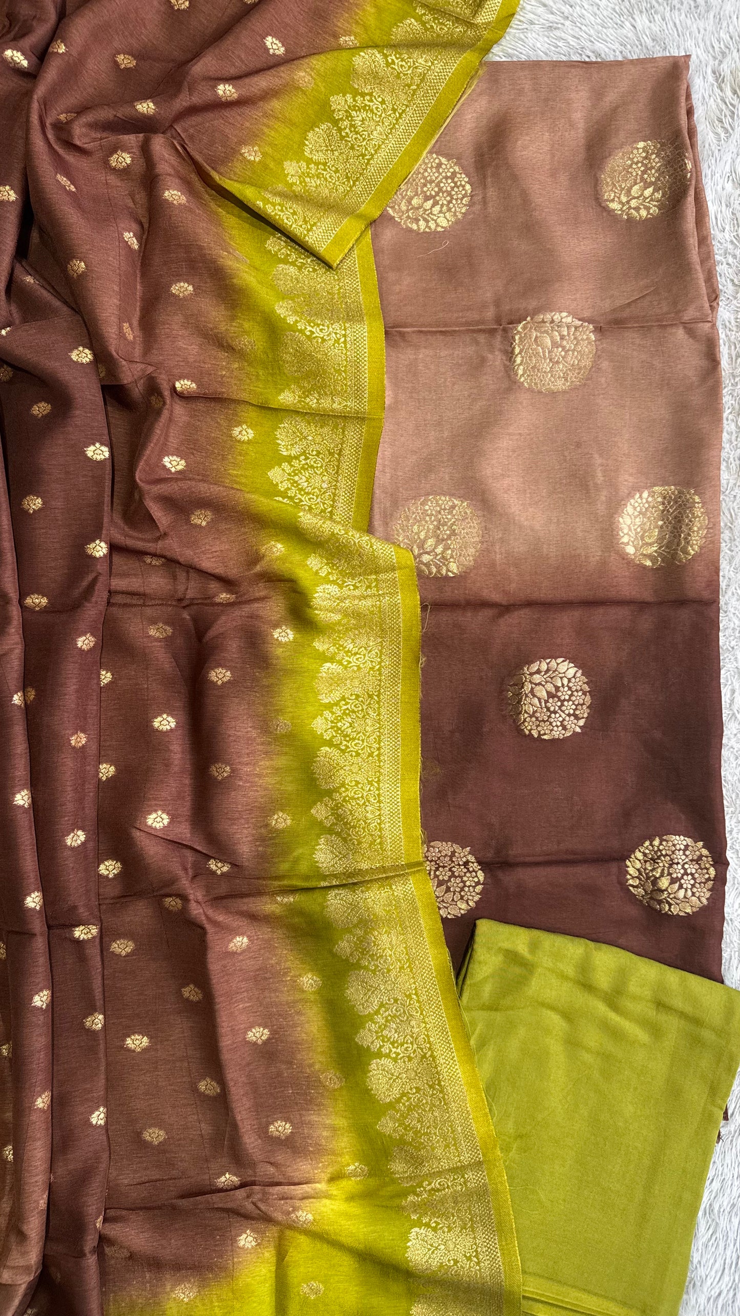 Olive Green Dual Shade Kurta & Dupatta Dola Silk Suit with Zari Weave -3 Pc