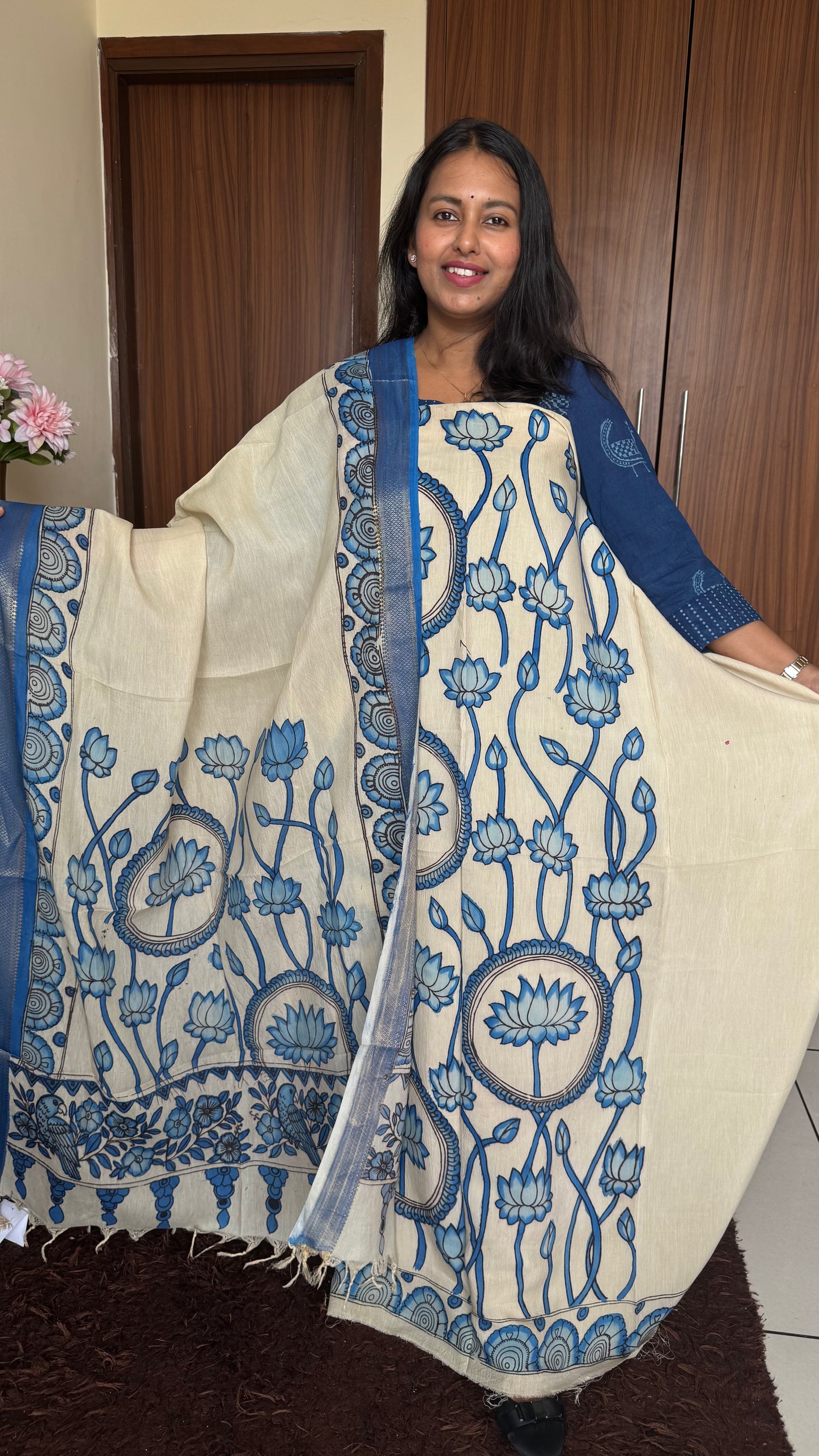 Offwhite & Blue Shade Bangalore Silk Pen Kalamkari Kurta Dupatta Set