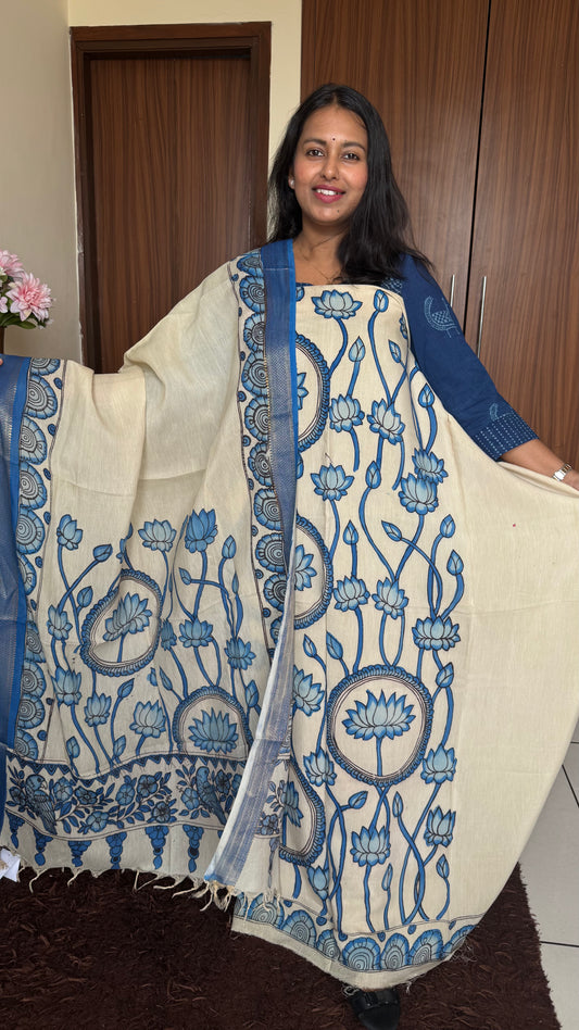 Offwhite & Blue Shade Bangalore Silk Pen Kalamkari Kurta Dupatta Set