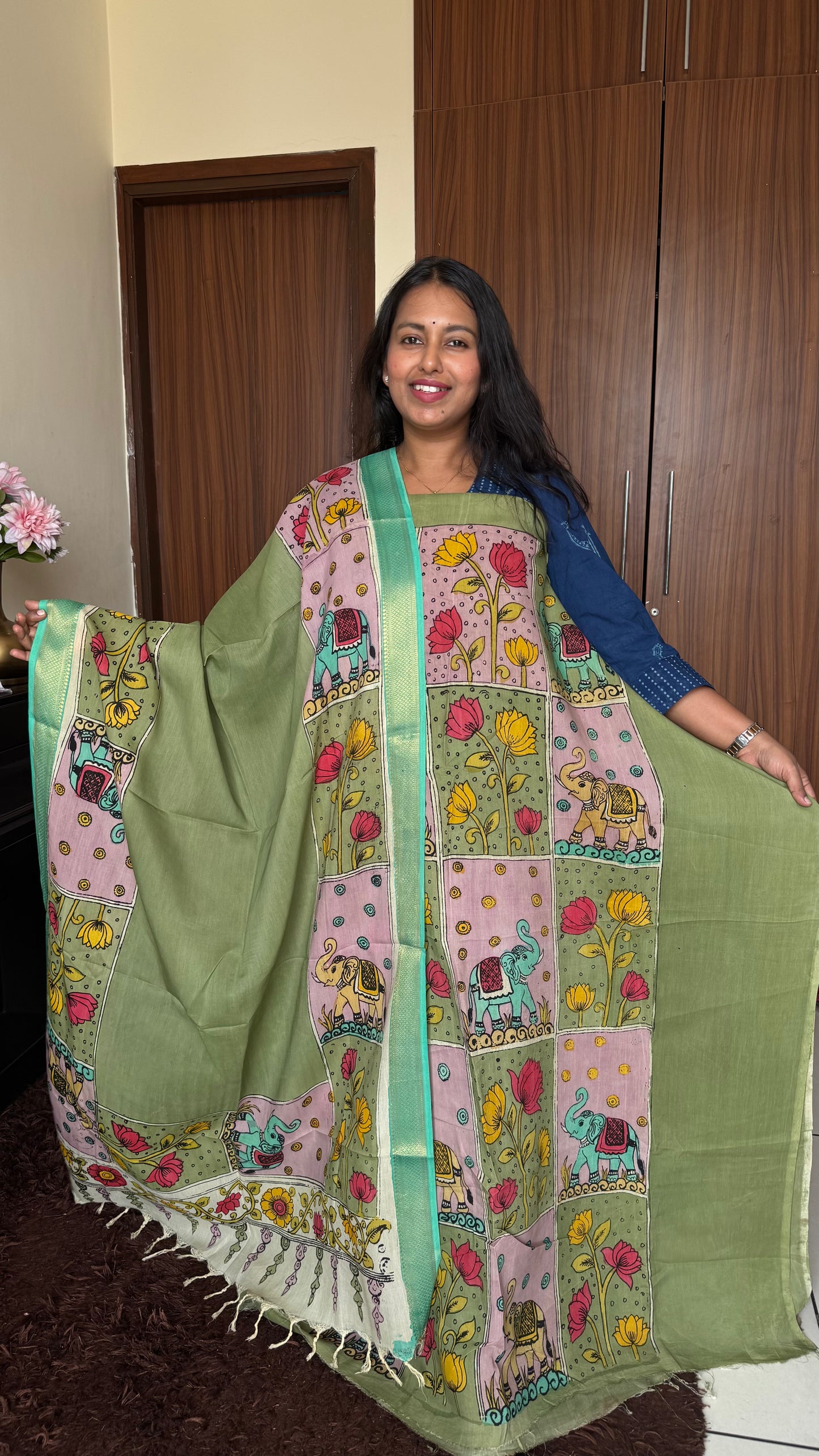 Olive Green Shade Bangalore Silk Pen Kalamkari Kurta Dupatta Set