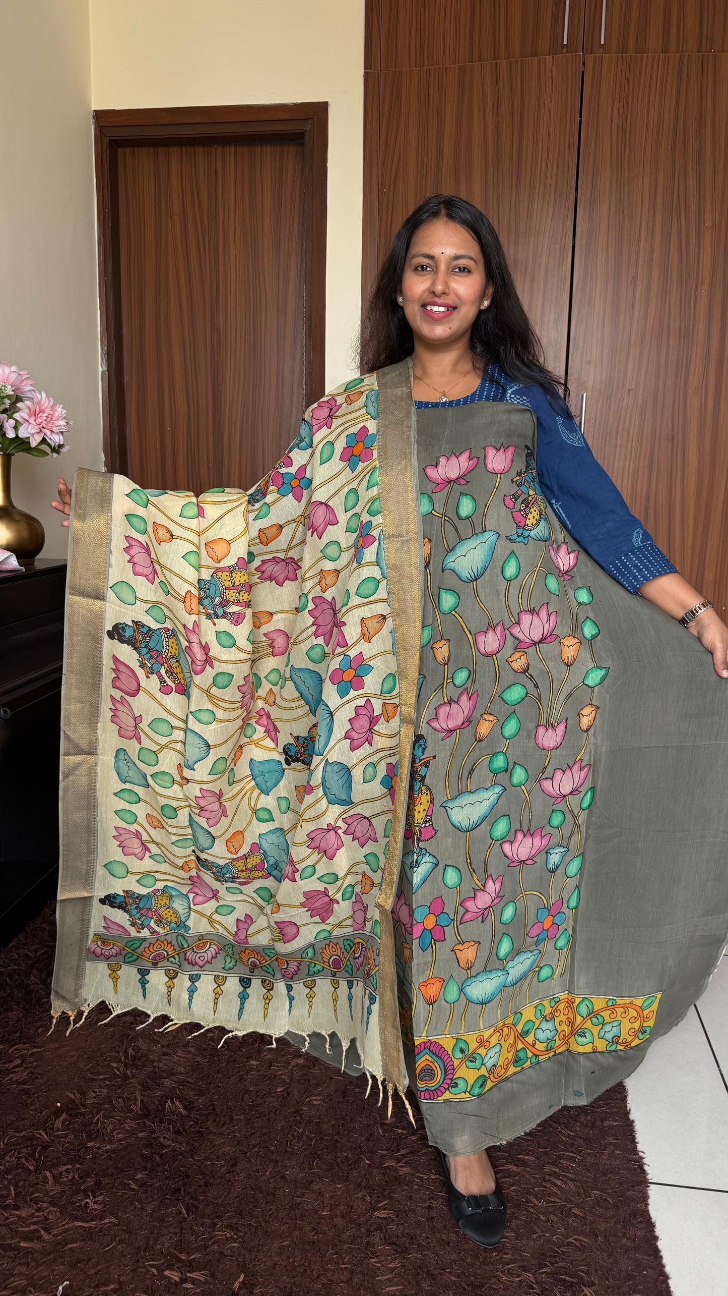 Steel Grey Shade Bangalore Silk Pen Kalamkari Kurta Dupatta Set