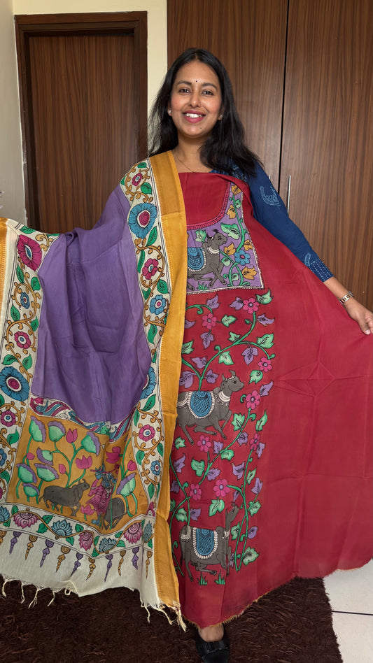 Red & Purple Bangalore Silk Pen Kalamkari Kurta Dupatta Set
