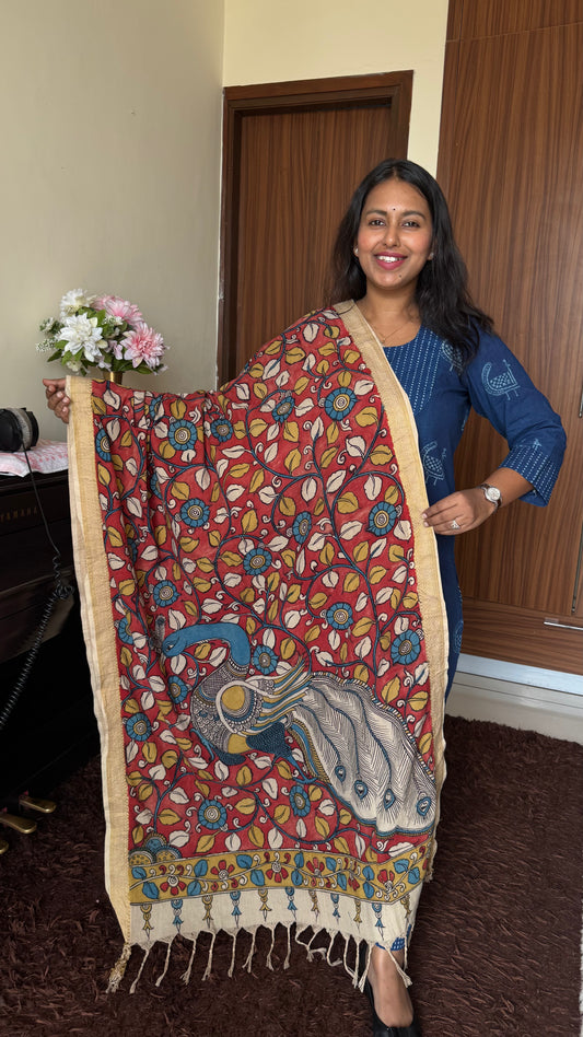 Red Booti with Peacock Motif Handpainted Srikalahasti Kalamkari Cotton Dupatta with Zari Border