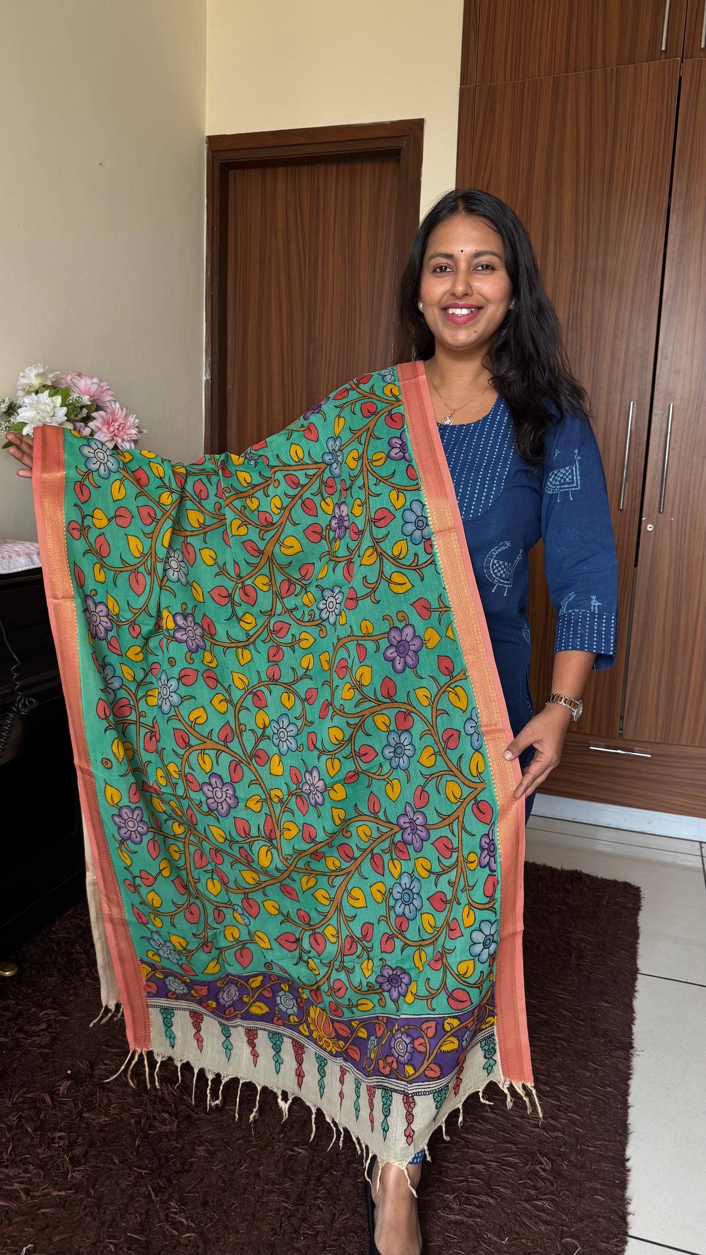 Green Shade Multicolour Flowers Hand-painted Kalamkari Bangalore Silk Dupatta with Zari Border