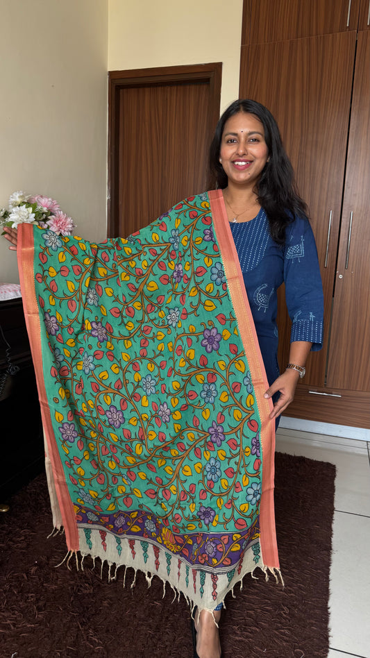 Green Shade Multicolour Flowers Hand-painted Kalamkari Bangalore Silk Dupatta with Zari Border
