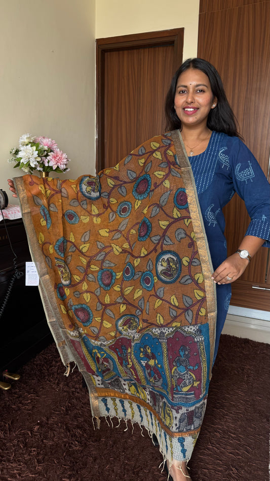 Mustard Kota Doria Dupatta with Pen Kalamkari Painting & Gota Patti Border