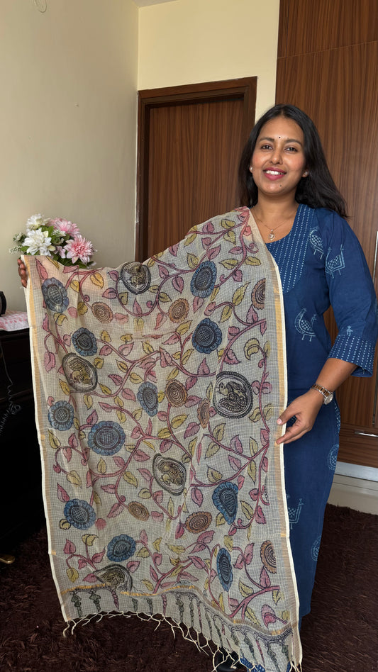 OffWhite Kota Doria Dupatta with Pen Kalamkari Painting & Gota Patti Border