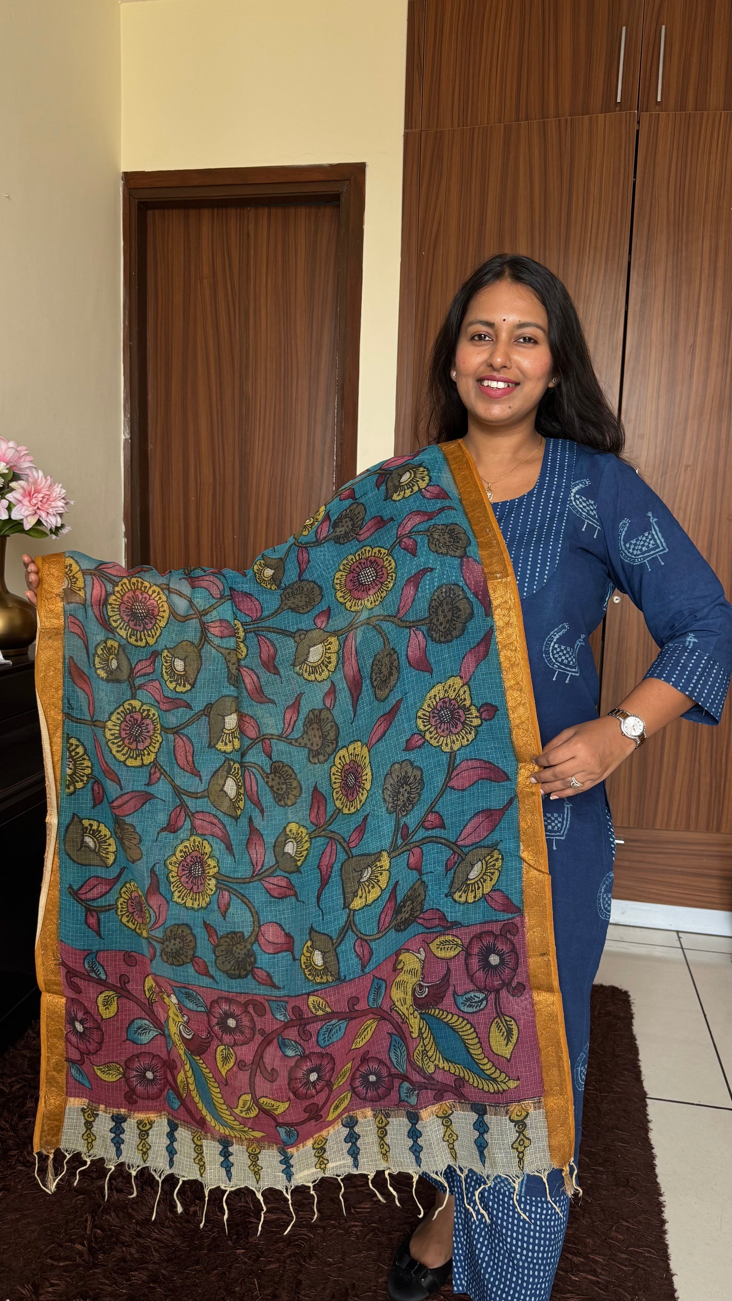 Teal Blue Kota Doria Dupatta with Pen Kalamkari Painting & Gota Patti Border