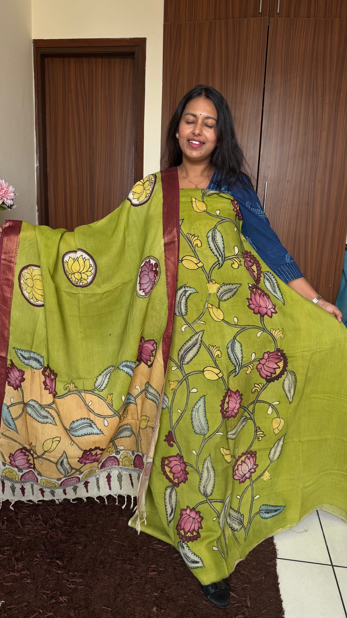 Olive Green Bangalore Silk Pen Kalamkari Kurta Dupatta Set