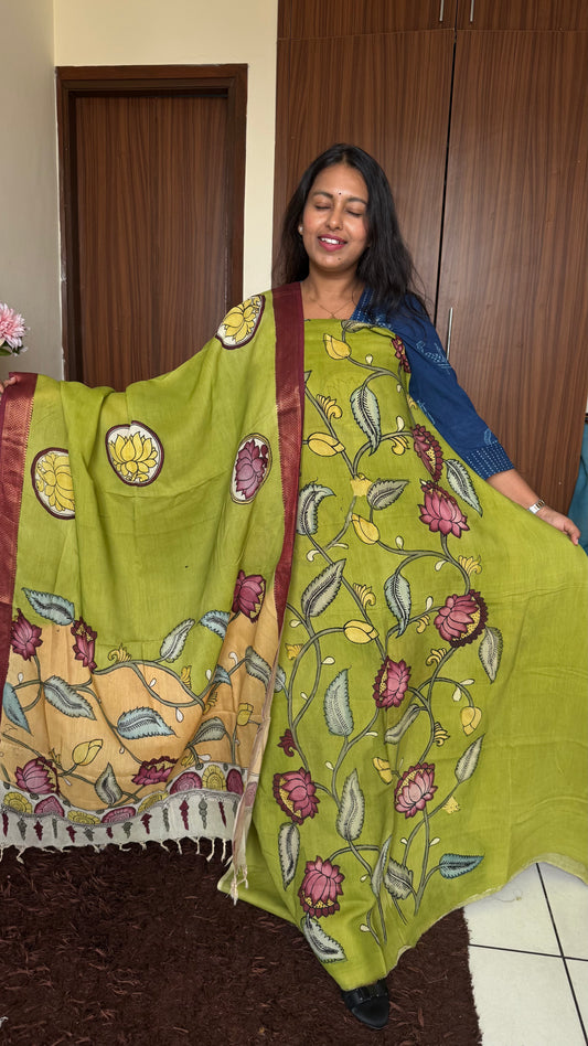 Olive Green Bangalore Silk Pen Kalamkari Kurta Dupatta Set