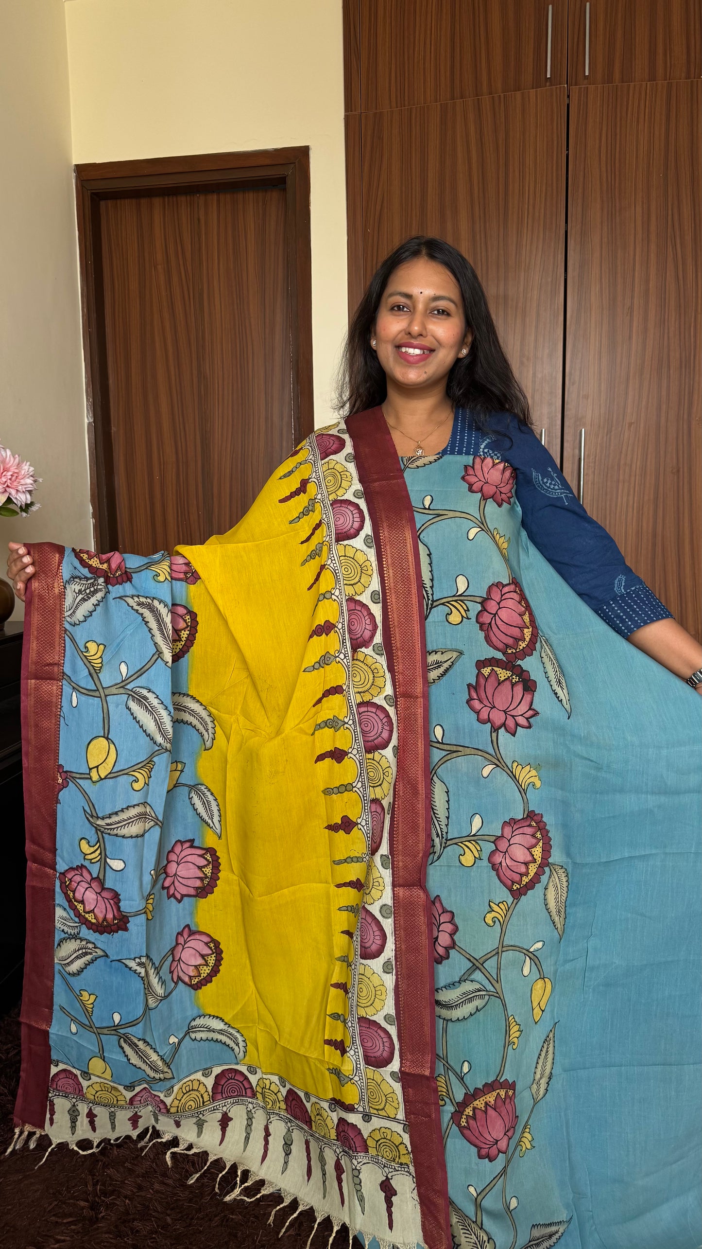 Sky Blue Bangalore Silk Pen Kalamkari Kurta Dupatta Set
