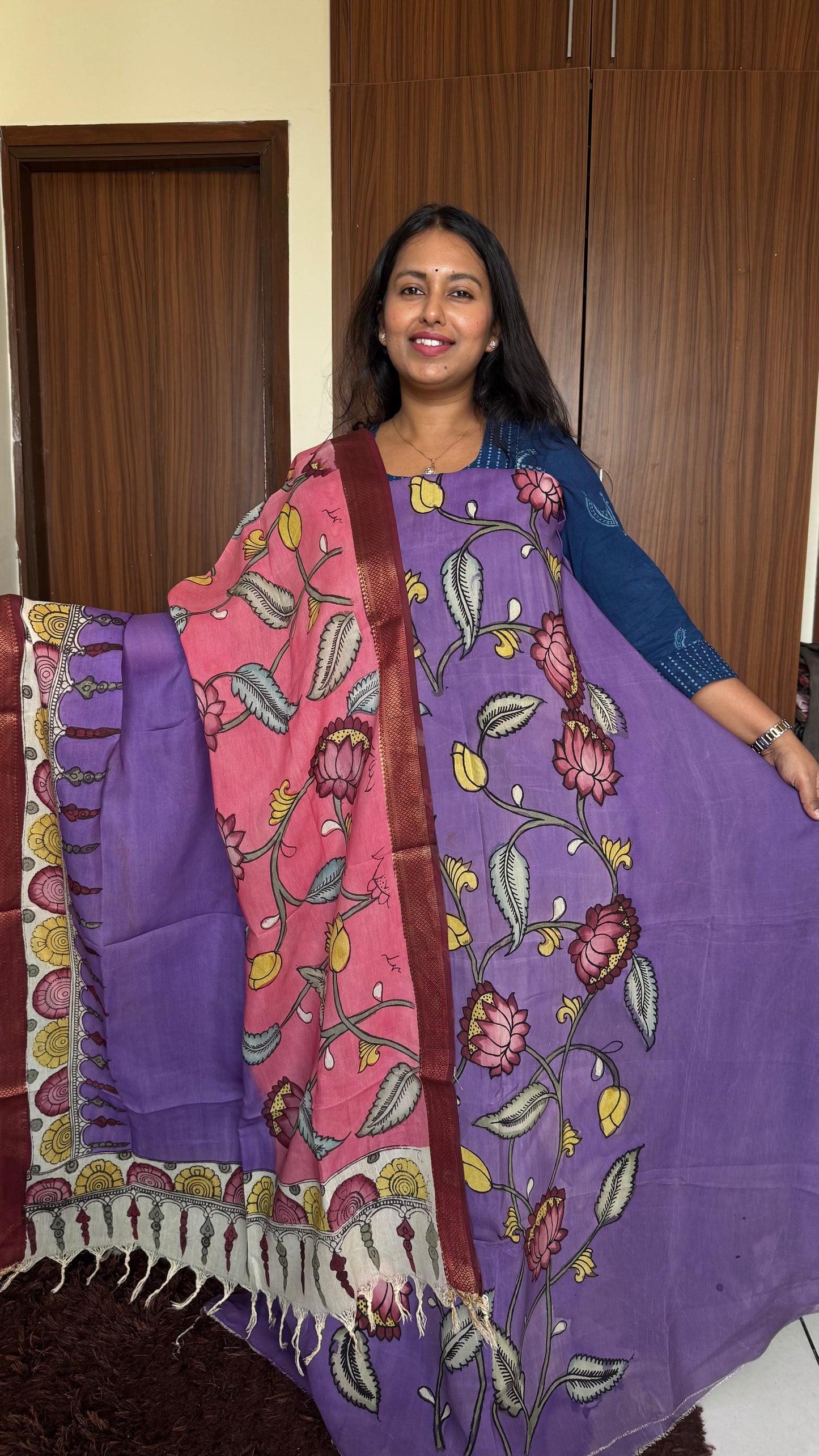 Purple Gajari Bangalore Silk Pen Kalamkari Kurta Dupatta Set
