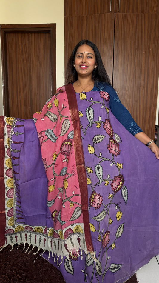 Purple Gajari Bangalore Silk Pen Kalamkari Kurta Dupatta Set