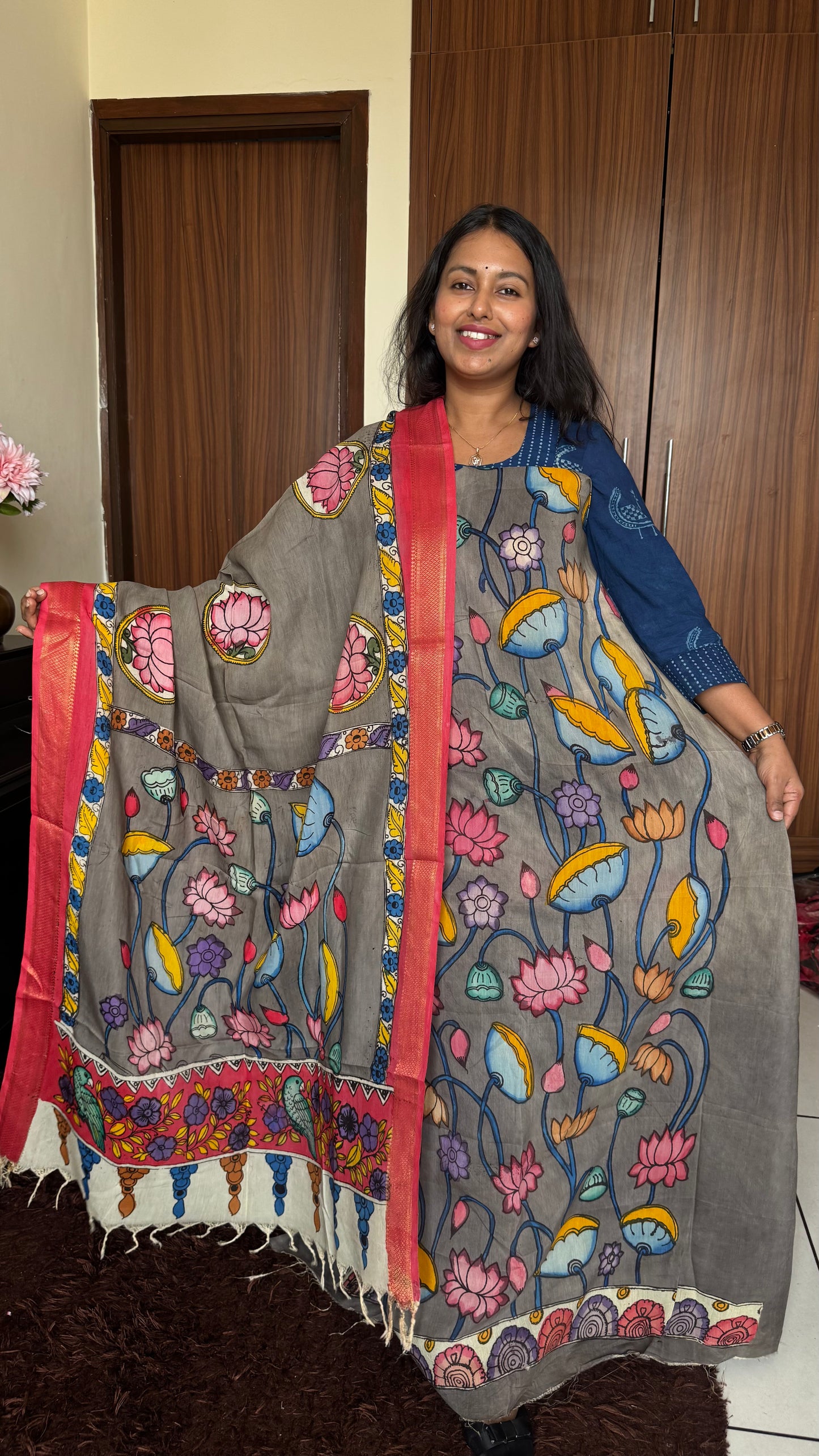 Steel Grey Red Bangalore Silk Pen Kalamkari Kurta Dupatta Set