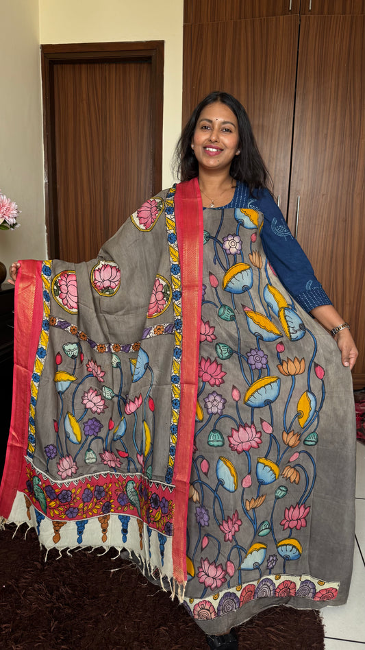 Steel Grey Red Bangalore Silk Pen Kalamkari Kurta Dupatta Set