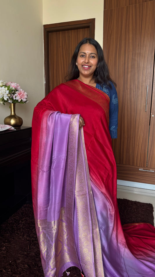 Red & Pink Dual Shade Dola Silk Saree with Zari Border and Pallu (With Blouse)