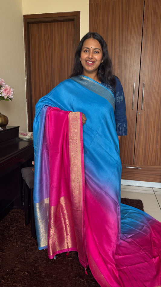 Blue & Pink Dual Shade Dola Silk Saree with Zari Border and Pallu (With Blouse)