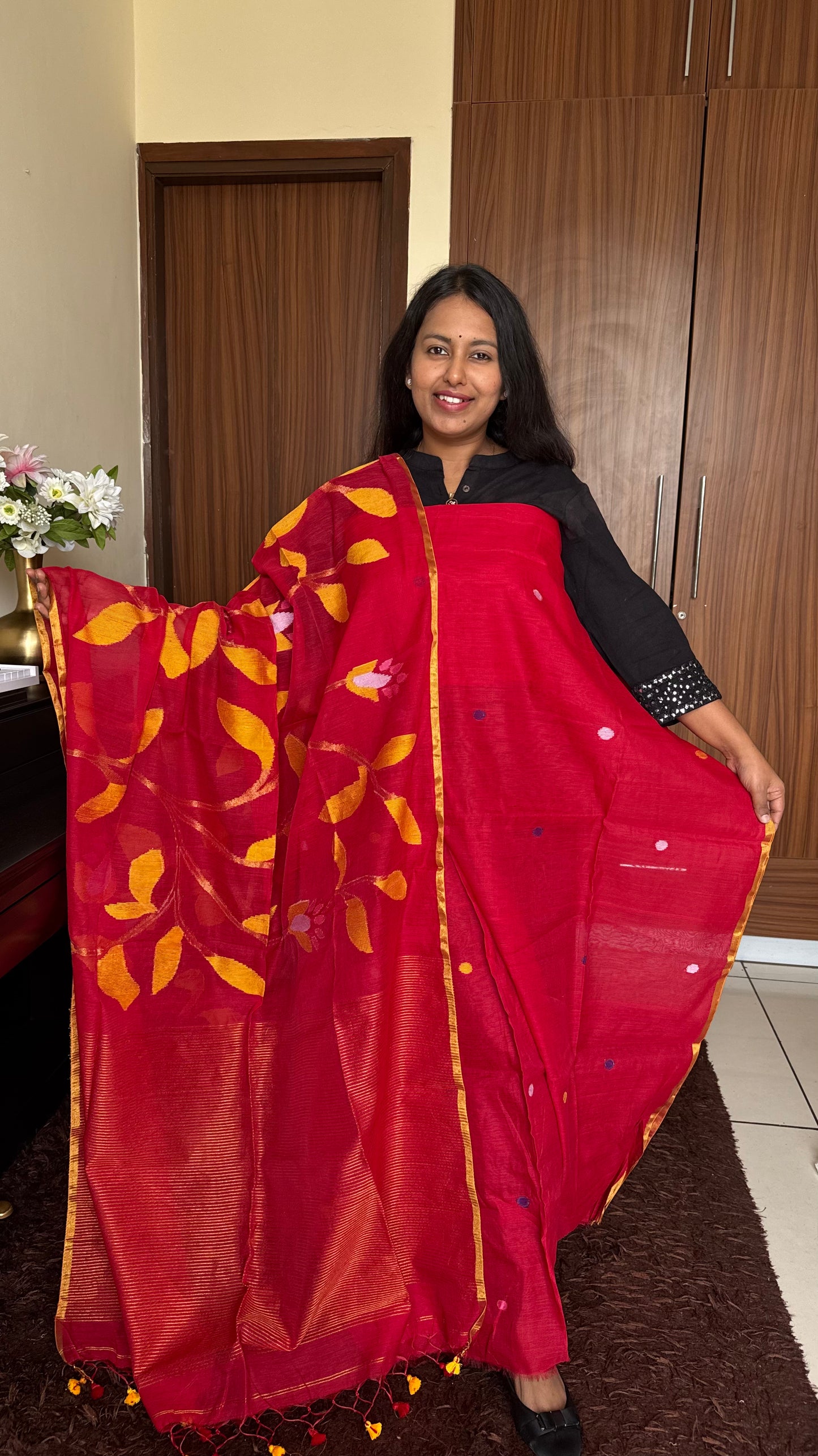 Deep Red Shade Pure Handloom Resham Muslin 2 pc Set