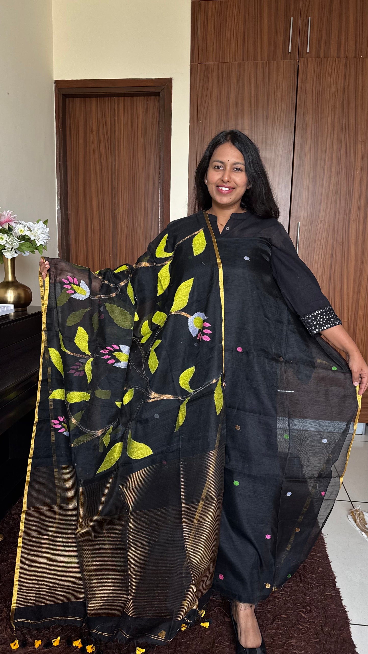MidNight Black Shade Pure Handloom Resham Muslin 2 pc Set