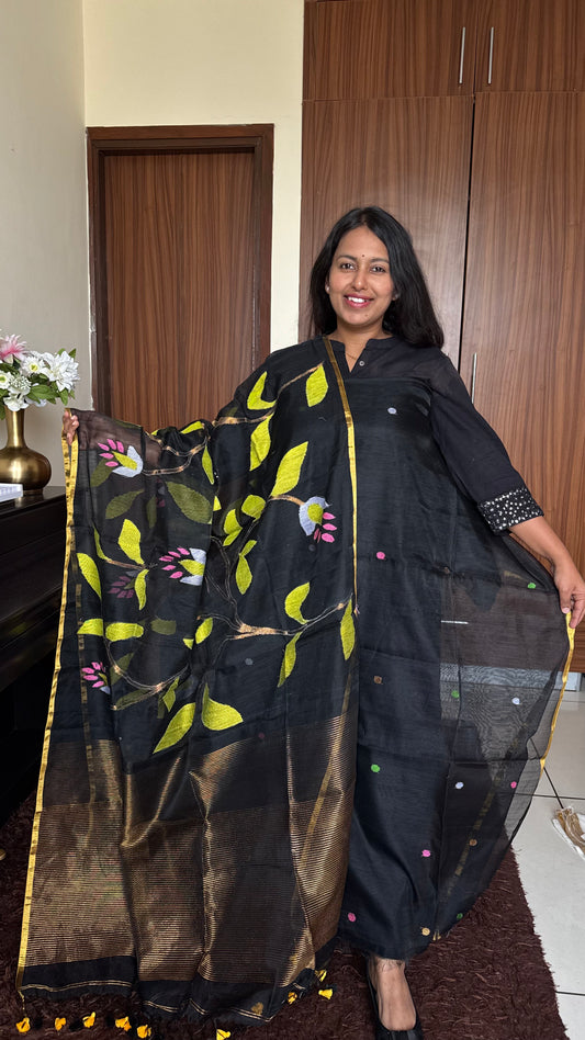 MidNight Black Shade Pure Handloom Resham Muslin 2 pc Set