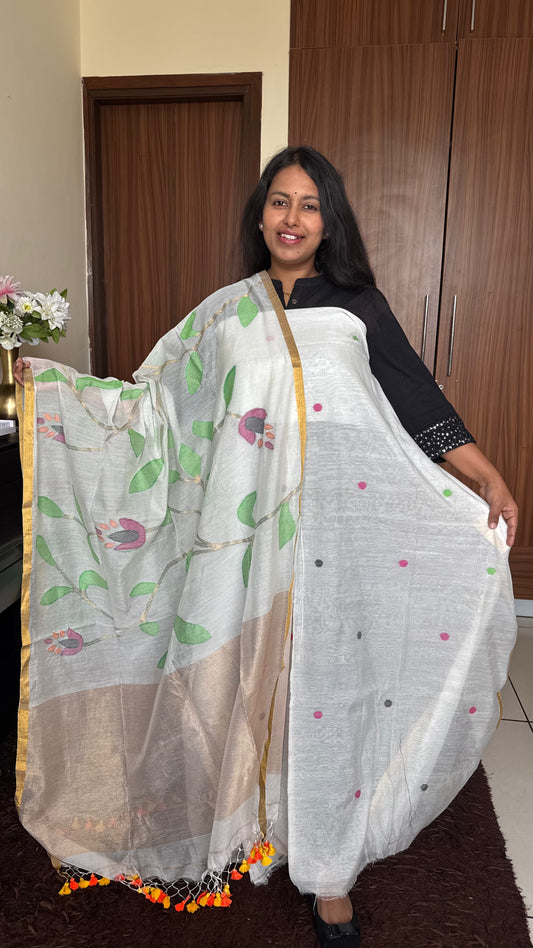 Offwhite Shade Pure Handloom Resham Muslin 2 pc Set