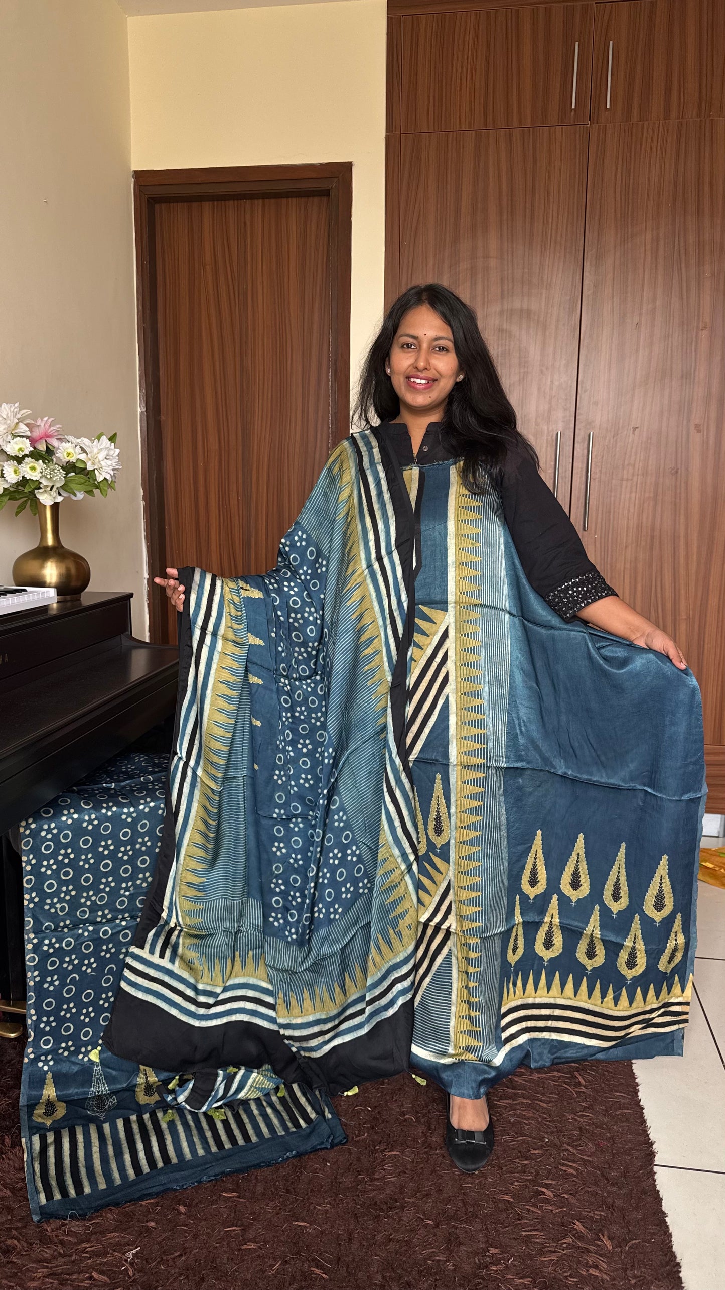 Indigo Asopallav Motif Ajrakh Hand Block Print Mashru Silk 3 pc Suit Material with Modal Silk Dupatta