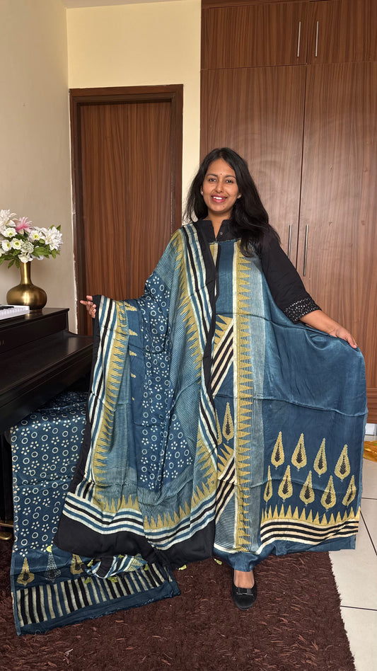 Indigo Asopallav Motif Ajrakh Hand Block Print Mashru Silk 3 pc Suit Material with Modal Silk Dupatta