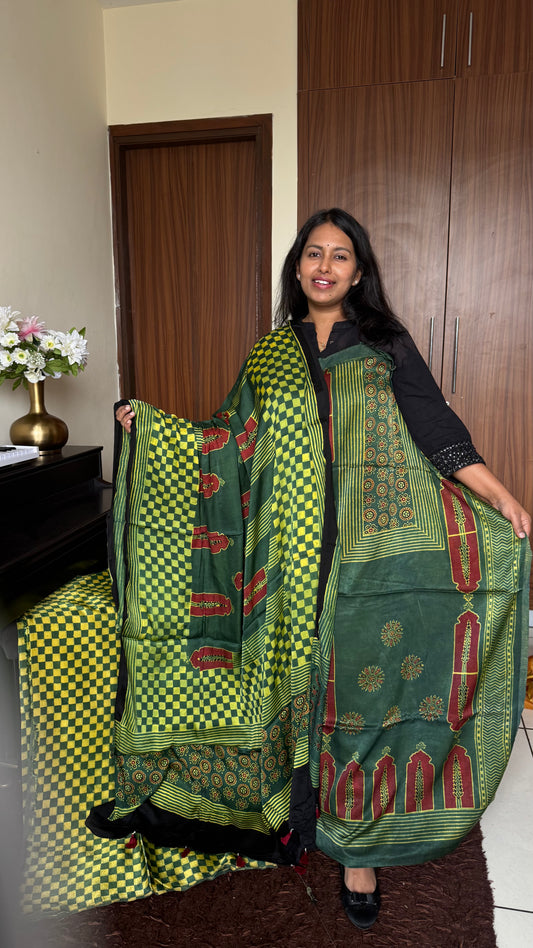 Green Minaar Motif Ajrakh Hand Block Print Mashru Silk 3 pc Suit Material with Modal Silk Dupatta