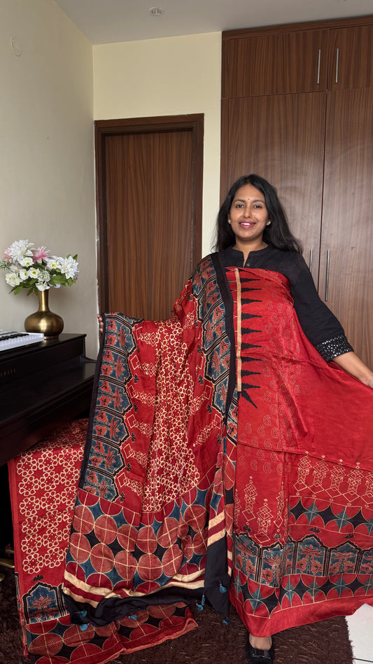 Ravishing Red Jharokha Motif Ajrakh Hand Block Print Mashru Silk 3 pc Suit Material with Modal Silk Dupatta