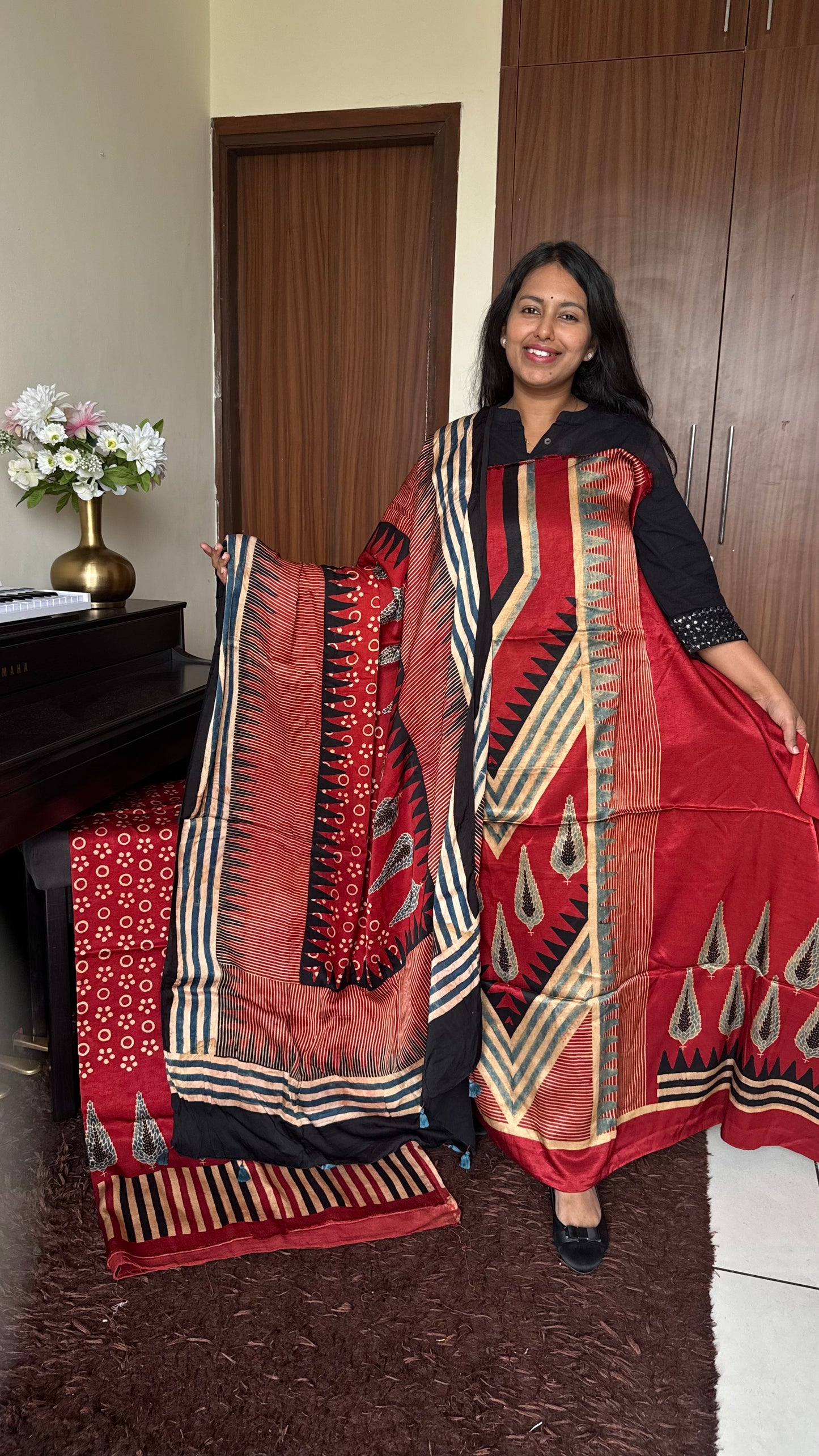 Deep Red Asopallav Motif Ajrakh Hand Block Print Mashru Silk 3 pc Suit Material with Modal Silk Dupatta