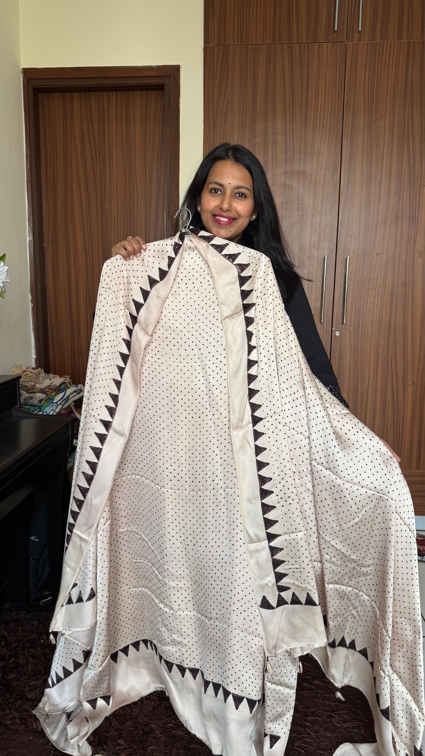 Off White with Black Polka Dotted Modal Silk Ajrakh Hand Block 2 pc Suit Set with Modal Silk Dupatta