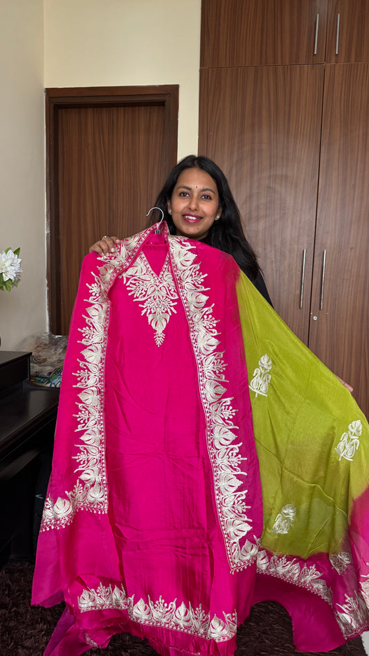 Hot Pink and Green Dual Shade Uppada Silk Suit with Kashmiri Tilla Embroidery & Uppada Silk Bottom