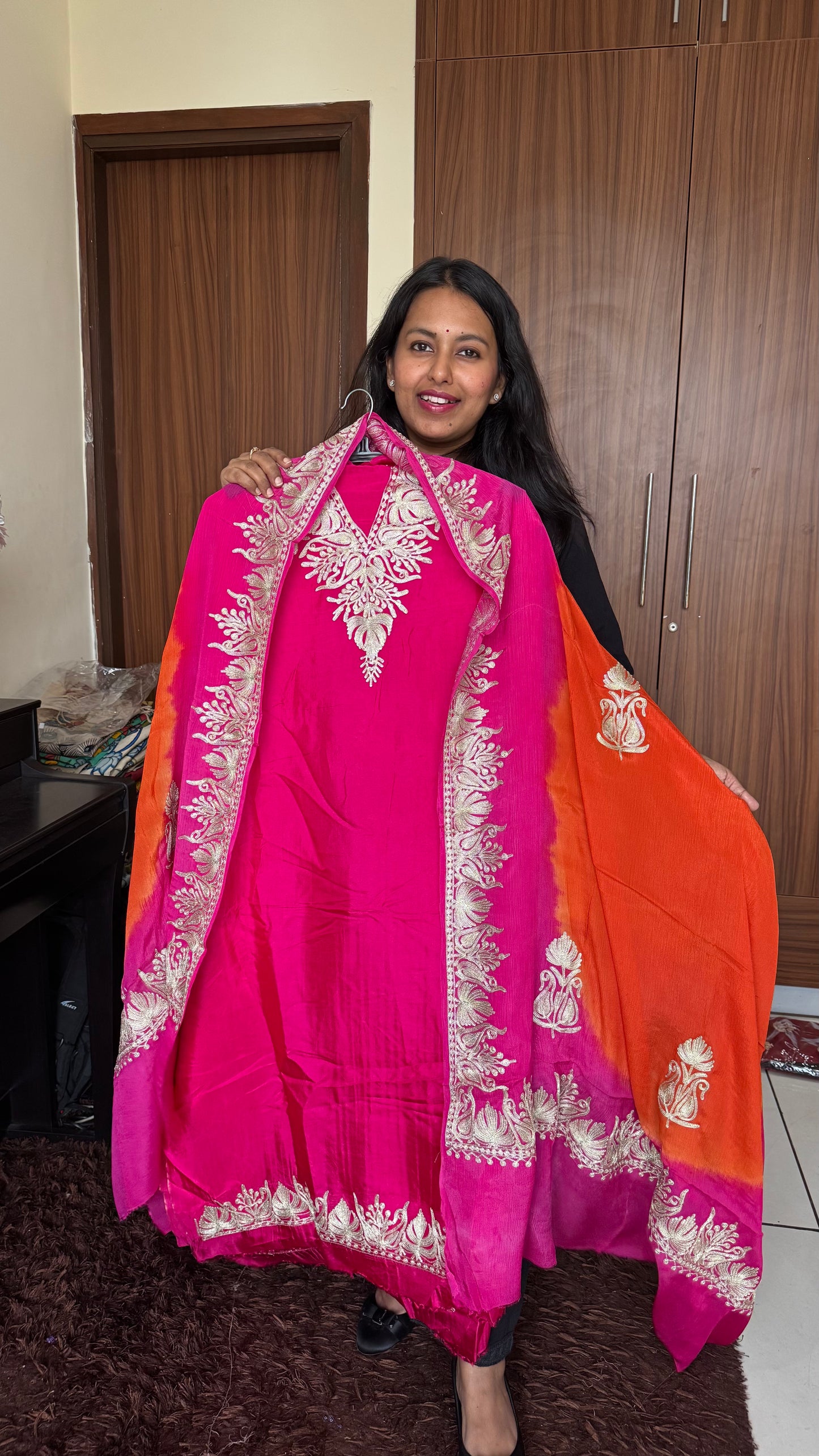 Hot Pink and Orange Dual Shade Uppada Silk Suit with Kashmiri Tilla Embroidery & Uppada Silk Bottom