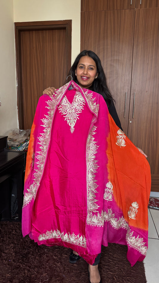 Hot Pink and Orange Dual Shade Uppada Silk Suit with Kashmiri Tilla Embroidery & Uppada Silk Bottom