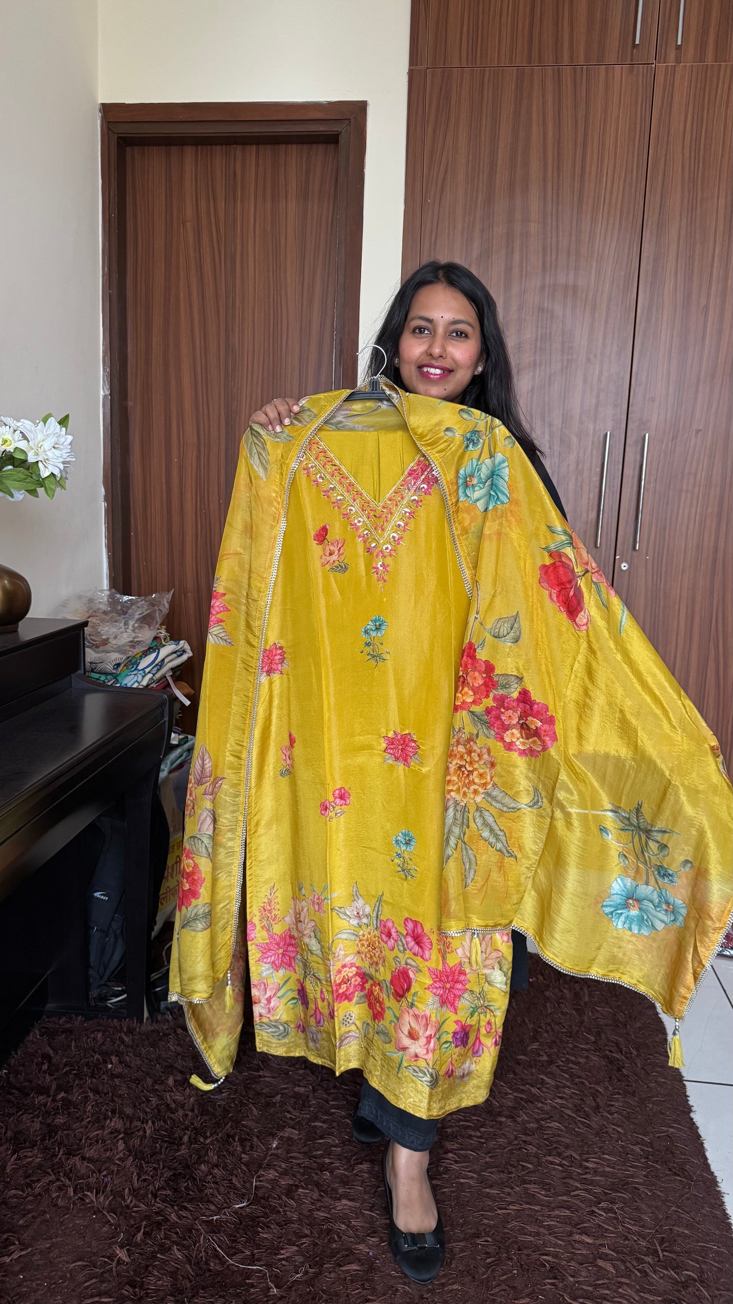 Yellow Toned Floral Motif Pure Tissue Shimmer Suit Set with Shimmer Dupatta